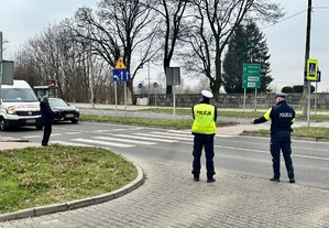 Zdjęcie przedstawia dwóch, umundurowanych policjantów w rejonie przejścia dla pieszych. W tle kobieta stojąca przy przejściu dla pieszych oraz samochody.